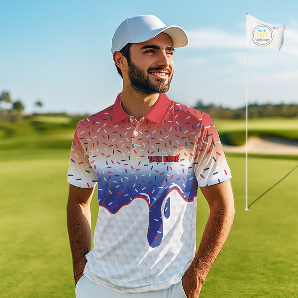 Red, white and blue dripping candy Mens Golf polo shirts Custom funny Golf attire For Mens NQS10058