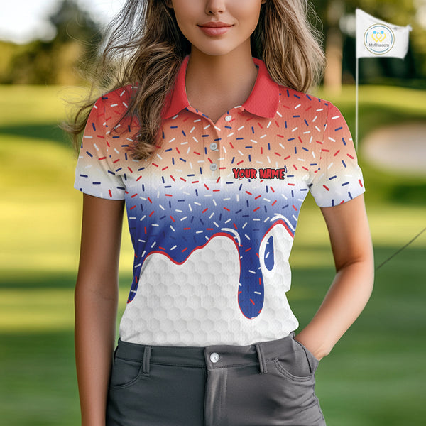 Red, white and blue dripping candy Women Golf polo shirts Custom funny Golf attire For Women NQS10058