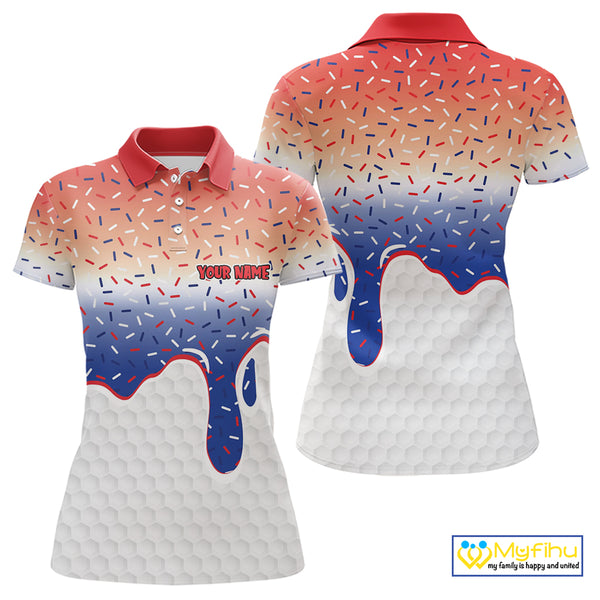 Red, white and blue dripping candy Women Golf polo shirts Custom funny Golf attire For Women NQS10058