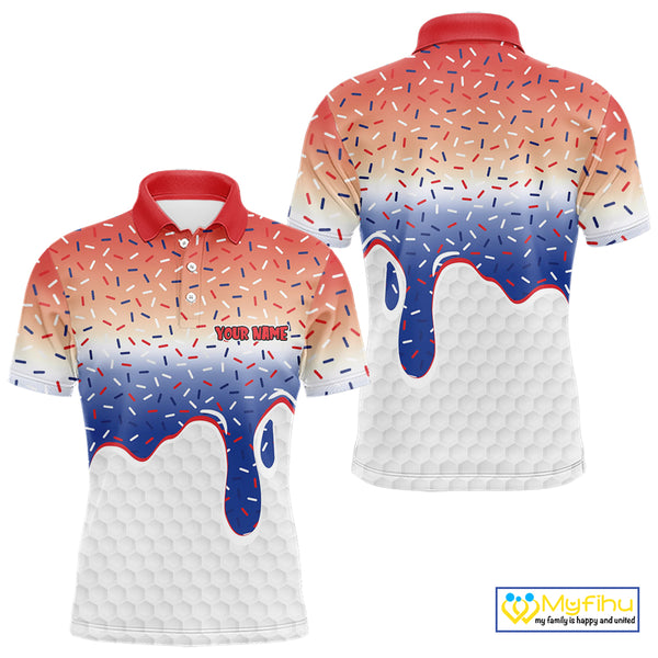 Red, white and blue dripping candy Mens Golf polo shirts Custom funny Golf attire For Mens NQS10058