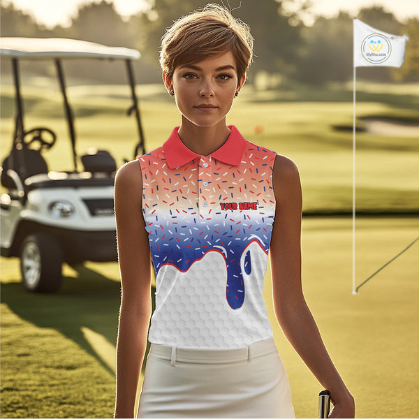 Red, white and blue dripping candy Women Sleeveless polos shirt Custom funny Golf attire For Women NQS10058