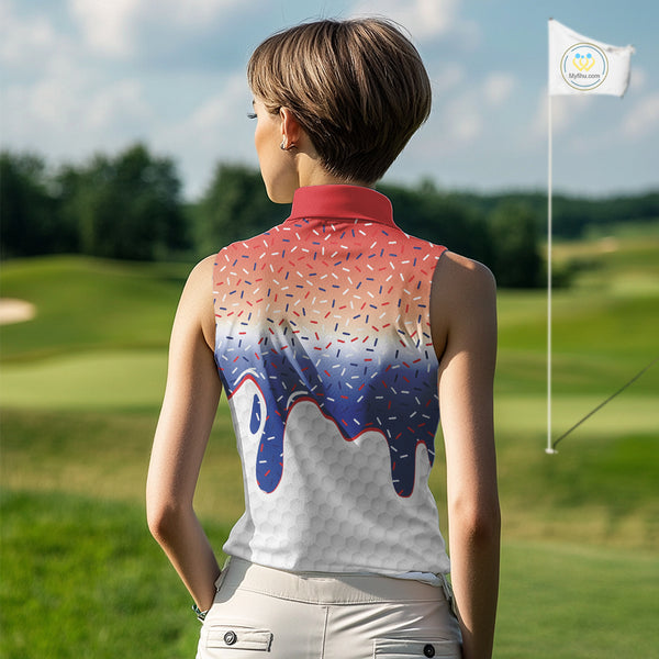 Red, white and blue dripping candy Women Sleeveless polos shirt Custom funny Golf attire For Women NQS10058