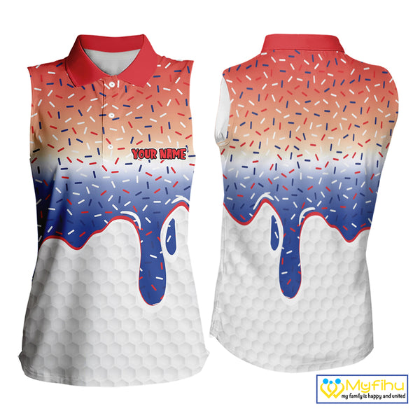 Red, white and blue dripping candy Women Sleeveless polos shirt Custom funny Golf attire For Women NQS10058