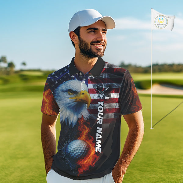 Smoke American Flag Eagle Fire and water Golf polo shirt for Men Custom patriotic Team Mens golf top NQS10354