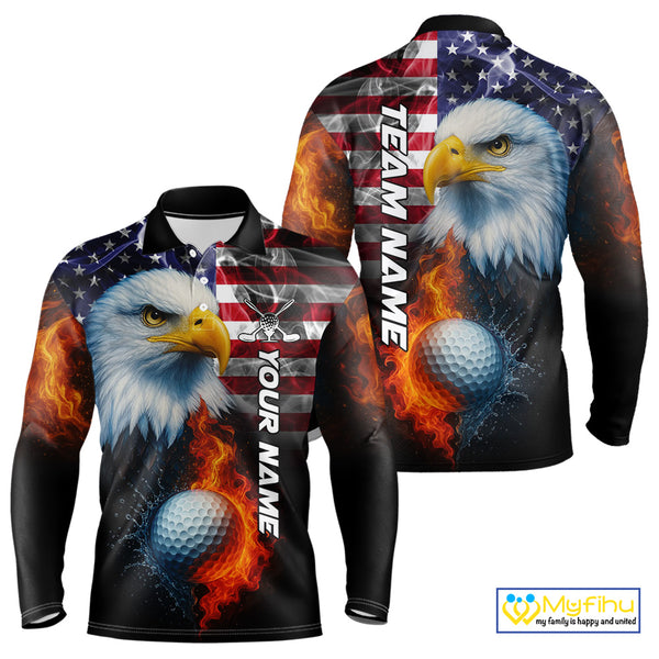 Smoke American Flag Eagle Fire and water Golf polo shirt for Men Custom patriotic Team Mens golf top NQS10354