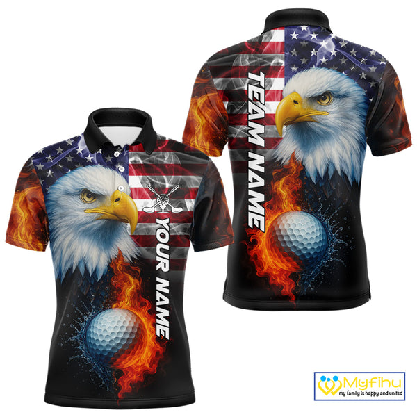 Smoke American Flag Eagle Fire and water Golf polo shirt for Men Custom patriotic Team Mens golf top NQS10354