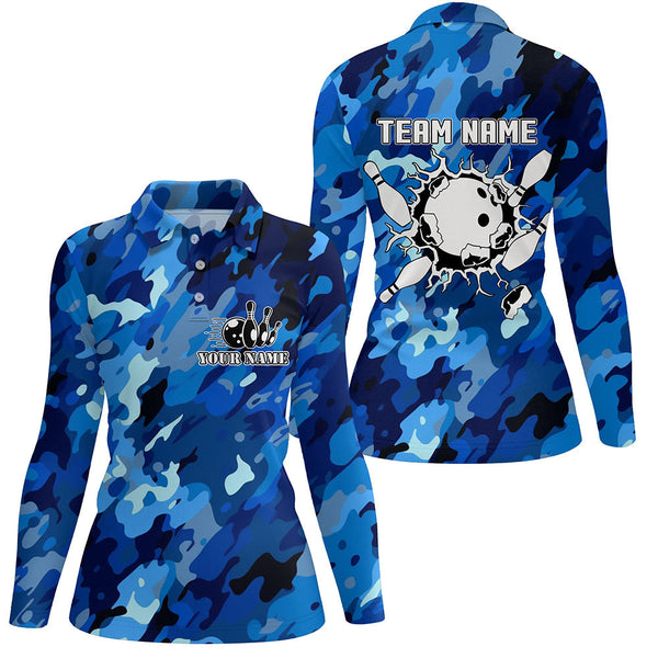 Short sleeve Bowling polo shirts for women Custom bowling ball and pins blue camo Bowling Team Jersey NQS6285