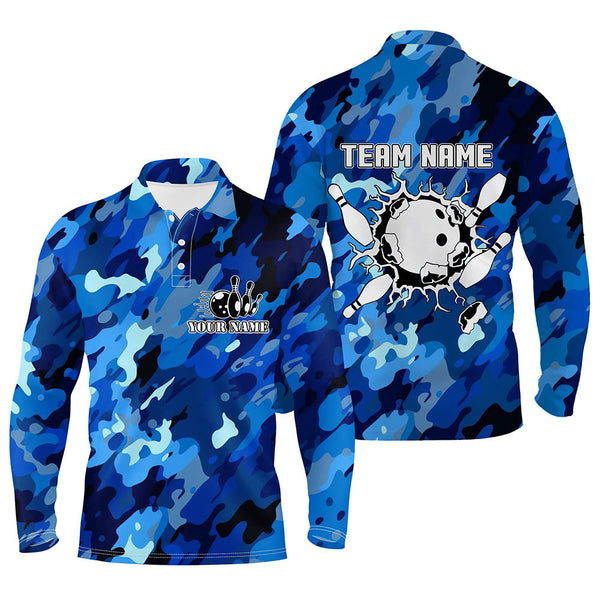 Bowling polo shirts for men Custom bowling ball and pins blue camo Bowling Team Jersey NQS6285