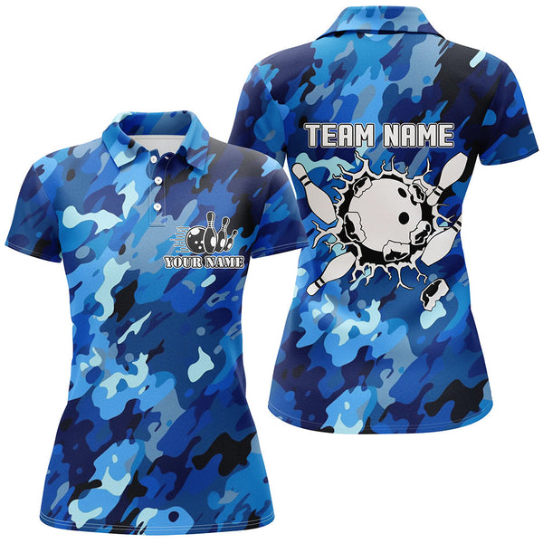 Short sleeve Bowling polo shirts for women Custom bowling ball and pins blue camo Bowling Team Jersey NQS6285