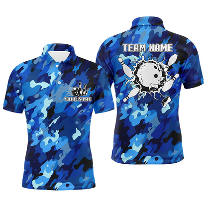 Bowling polo shirts for men Custom bowling ball and pins blue camo Bowling Team Jersey NQS6285