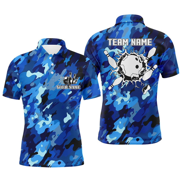 Bowling polo shirts for men Custom bowling ball and pins blue camo Bowling Team Jersey NQS6285