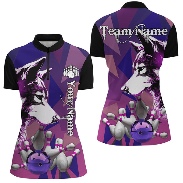 Purple Wolf Bowling Polo, Quarter Zip Shirts For Women Custom Bowling Team League Jersey Bowler Outfit NQS8403