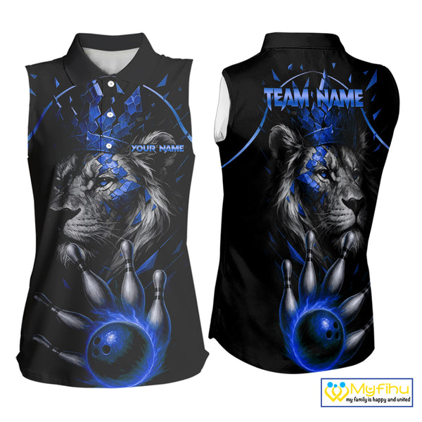 Custom Black and Blue Lion Bowling Sleeveless Polo shirt for Women, Lion Team Bowling Jerseys NQS10585