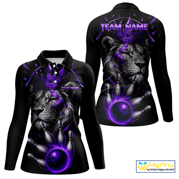 Custom Black and Purple Lion Bowling Polo, Quarter Zip shirts for Women, Lion Team Bowling Jerseys NQS10586
