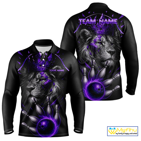 Custom Black and Purple Lion Bowling Polo, Quarter Zip shirts for Men, Lion Team Bowling Jerseys NQS10586