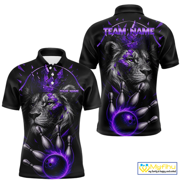 Custom Black and Purple Lion Bowling Polo, Quarter Zip shirts for Men, Lion Team Bowling Jerseys NQS10586