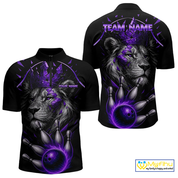 Custom Black and Purple Lion Bowling Polo, Quarter Zip shirts for Men, Lion Team Bowling Jerseys NQS10586