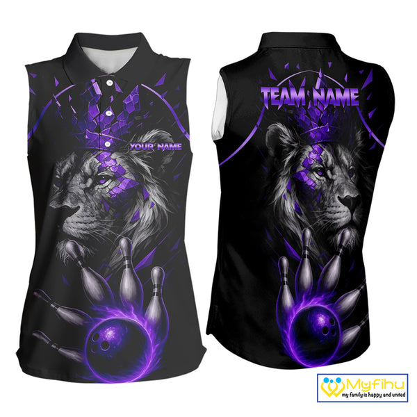 Custom Black and Purple Lion Bowling Sleeveless Polo shirt for Women, Lion Team Bowling Jerseys NQS10586