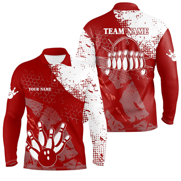 Red and white Mens polo bowling shirts Custom retro bowling ball pins bowling team league jerseys NQS6500