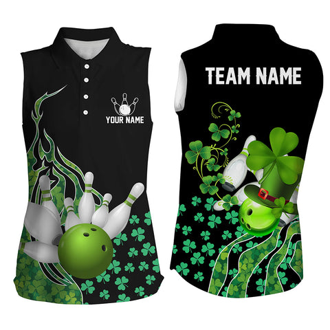 Green shamrock lucky Women Sleeveless Polos Custom St Patrick Day black Team League Bowling Jersey NQS8843