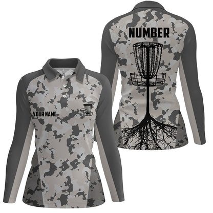 Disc golfing grey camo Womens disc golf polo shirts custom team disc golf attire, disc golf jerseys NQS6952
