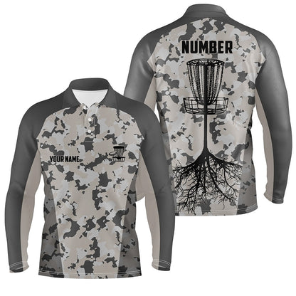 Disc golfing grey camo Mens disc golf polo shirts custom team disc golf attire, disc golf jerseys NQS6952