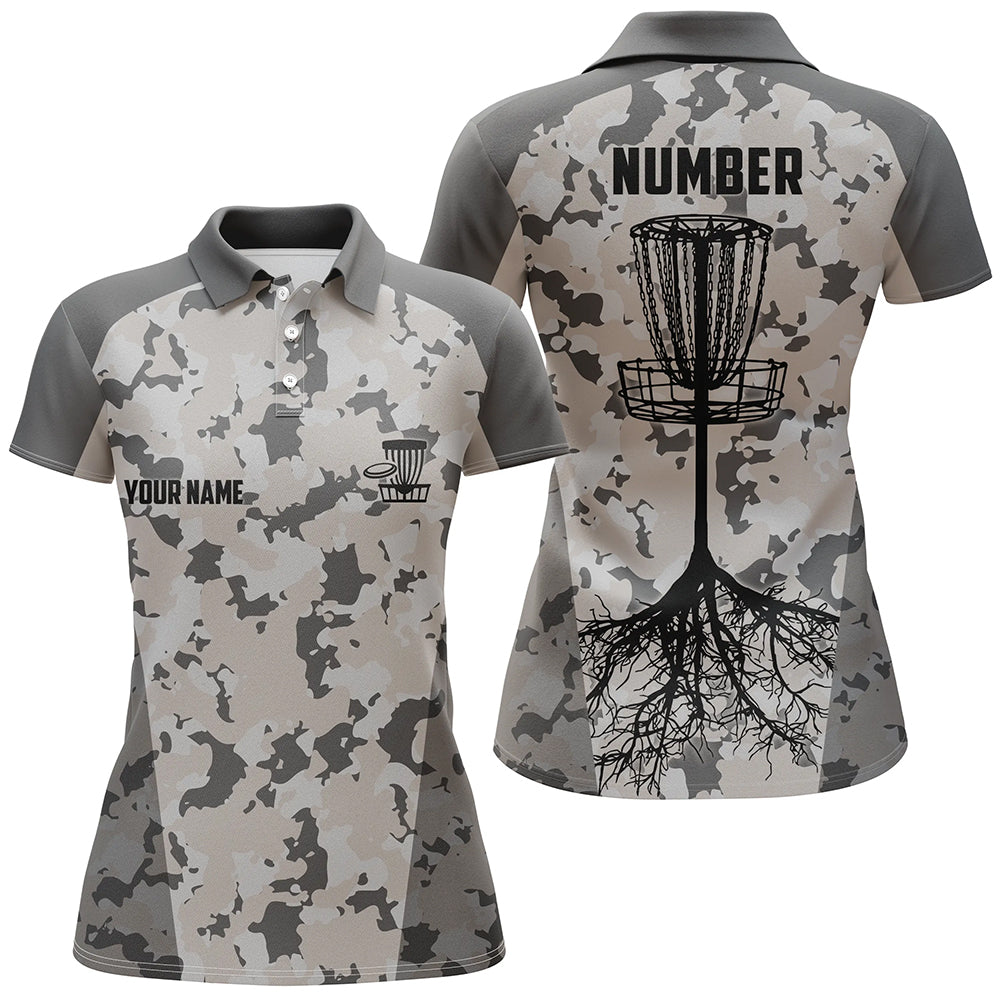 Disc golfing grey camo Womens disc golf polo shirts custom team disc golf attire, disc golf jerseys NQS6952
