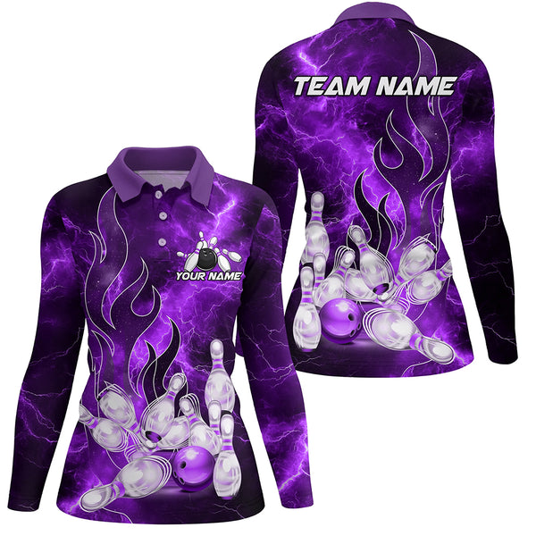 Purple Lightning Thunder Bowling Polo, 1/4 Zip Shirt For Women Purple Flame Custom Team Bowler Jersey NQS9102