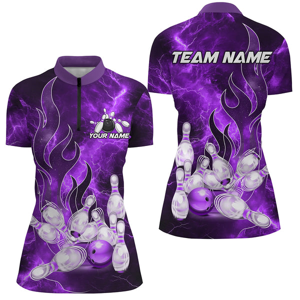 Purple Lightning Thunder Bowling Polo, 1/4 Zip Shirt For Women Purple Flame Custom Team Bowler Jersey NQS9102