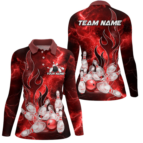 Red Lightning Thunder Bowling Polo, Quarter Zip Shirt For Women Red Flame Custom Team Bowler Jersey NQS9103