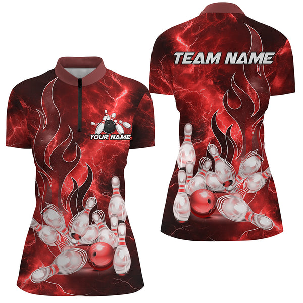 Red Lightning Thunder Bowling Polo, Quarter Zip Shirt For Women Red Flame Custom Team Bowler Jersey NQS9103