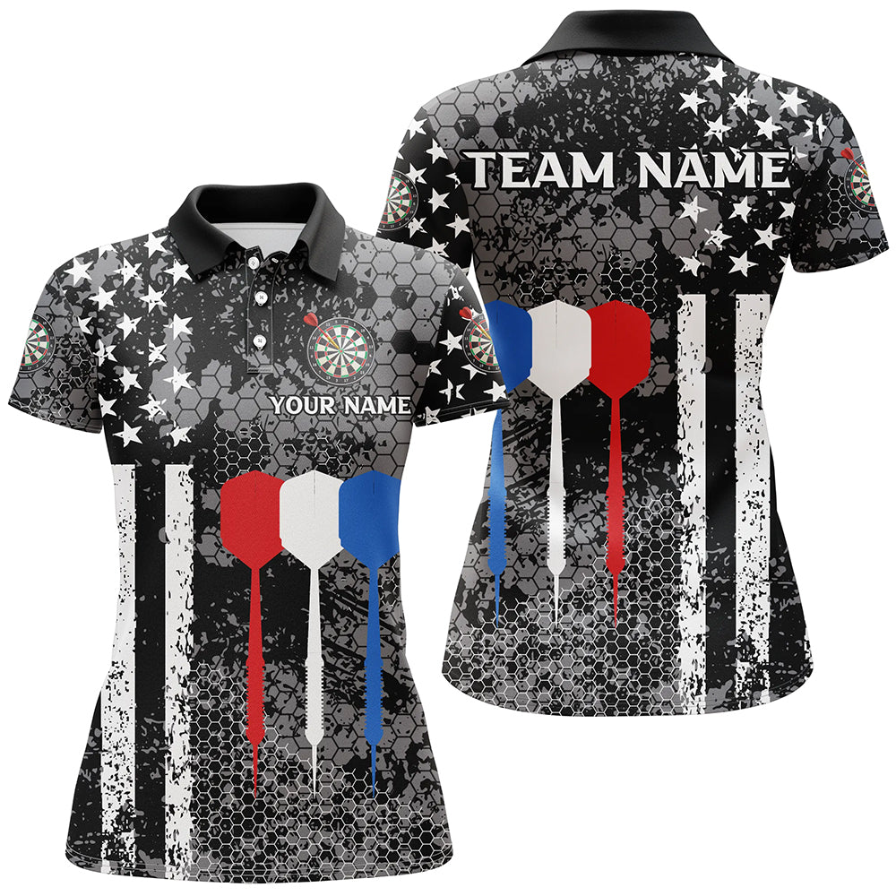 Black and White American Flag Dart Polo, Quarter Zip Shirt For Women Custom Patriotic Dart Shirts NQS9107