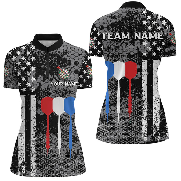 Black and White American Flag Dart Polo, Quarter Zip Shirt For Women Custom Patriotic Dart Shirts NQS9107