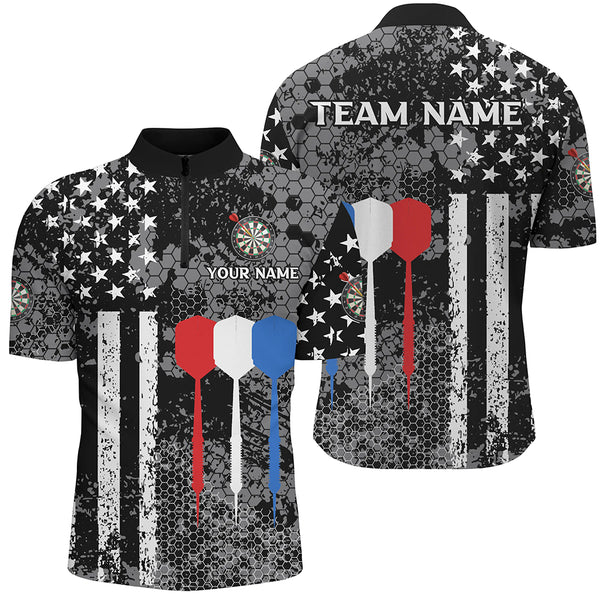 Black and White American Flag Dart Polo, Quarter Zip Shirt For Men Custom Patriotic Dart Shirts NQS9107