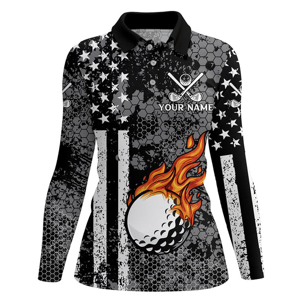 Black and White American Flag Flame Womens Golf Polo Shirts Custom Patriotic Ladies Golf Tops NQS9109