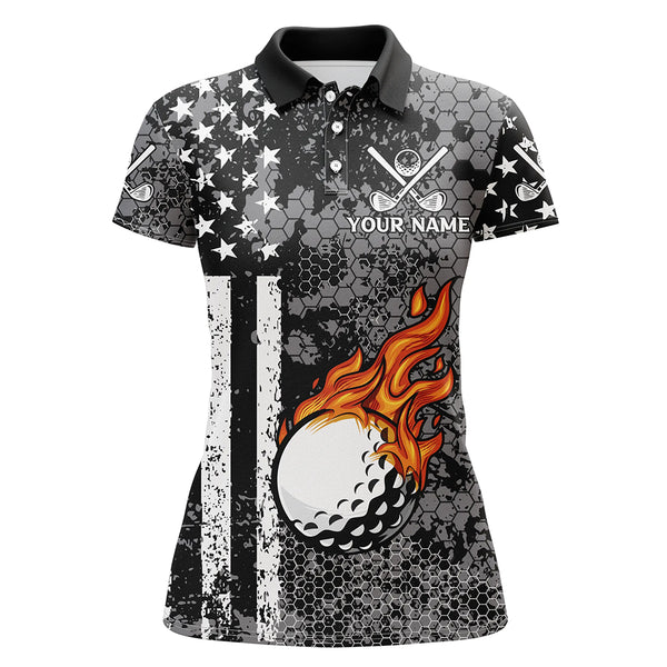 Black and White American Flag Flame Womens Golf Polo Shirts Custom Patriotic Ladies Golf Tops NQS9109