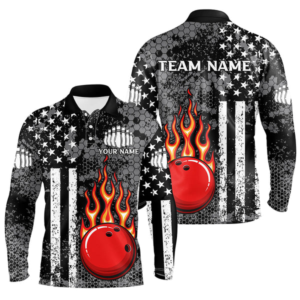 Black and White American Flag Flame Bowling Polo, Quarter Zip Shirt For Men Custom Bowling Team Jersey NQS9108