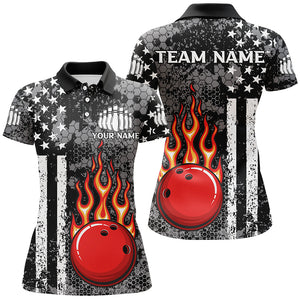 Black & White American Flag Flame Bowling Polo, Quarter Zip Shirt For Women Custom Bowling Team Jersey NQS9108