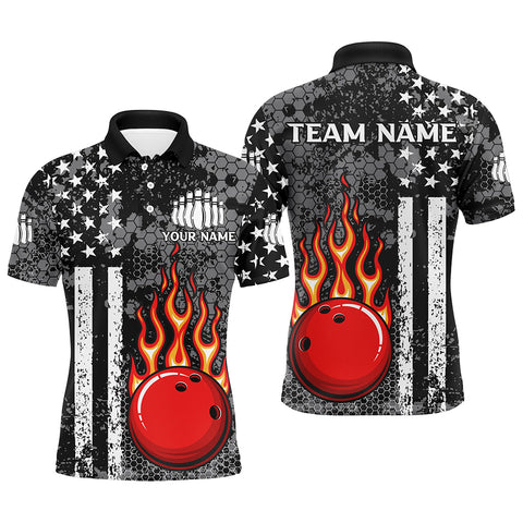 Black and White American Flag Flame Bowling Polo, Quarter Zip Shirt For Men Custom Bowling Team Jersey NQS9108