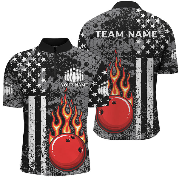 Black and White American Flag Flame Bowling Polo, Quarter Zip Shirt For Men Custom Bowling Team Jersey NQS9108