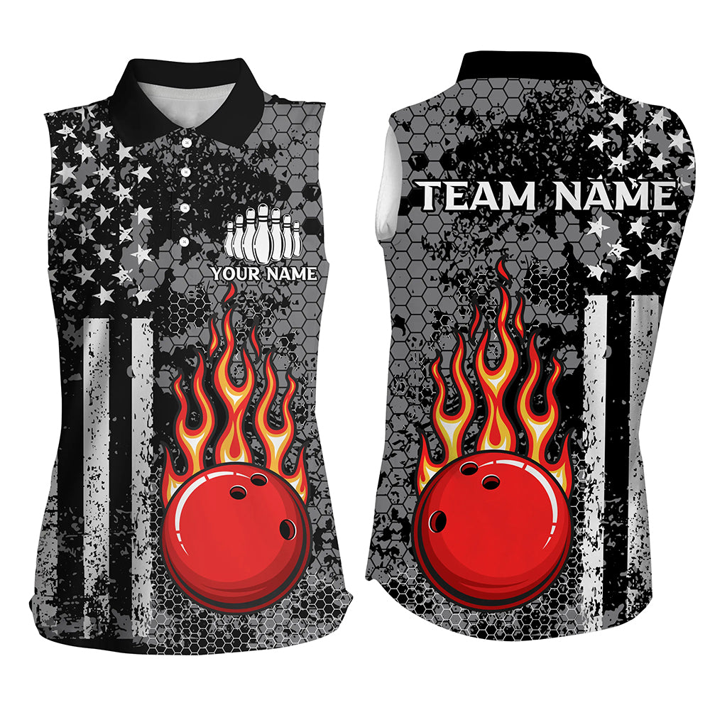 Black & White American Flag Flame Bowling sleeveless polo Shirt Custom Bowling Team Jersey NQS9108