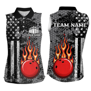 Black & White American Flag Flame Bowling sleeveless polo Shirt Custom Bowling Team Jersey NQS9108