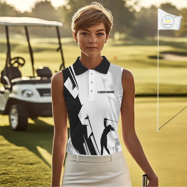 Women Sleeveless golf polo shirts custom white and black golf tops for ladies, best golf gifts NQS10061