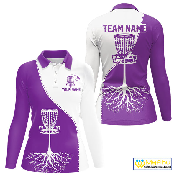 White and Purple Womens Disc golf polo shirts Custom name disc golf clothing for team NQS10068