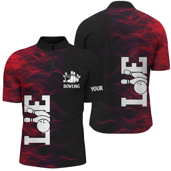 Red Flame Bowling Custom Men Bowling Polo, Quarter zip Shirts Bowling Team Jerseys Tournament NQS8411