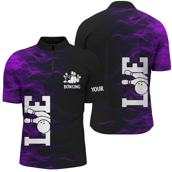 Purple Flame Bowling Custom Men Bowling Polo, Quarter zip Shirts Bowling Team Jerseys Tournament NQS8410