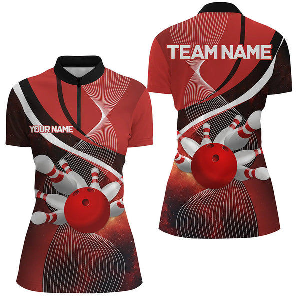 Red Galaxy Women Bowling Polo, Quarter zip Shirts Custom Bowling Team League Jerseys, Gift for bowlers NQS8415