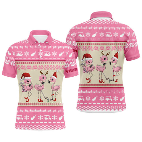 Funny ugly Christmas golf shirts custom pink Mens golf polo shirt Flamingo golf friend Christmas gifts NQS6512