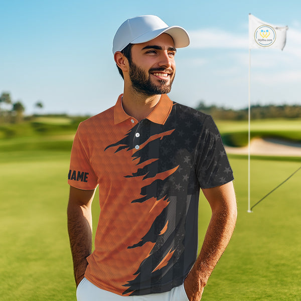 Personalized Mens golf polo shirts custom orange golf ball skin black American flag mens golf apparel NQS10070