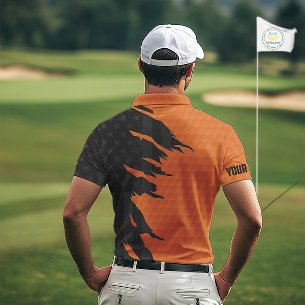 Personalized Mens golf polo shirts custom orange golf ball skin black American flag mens golf apparel NQS10070